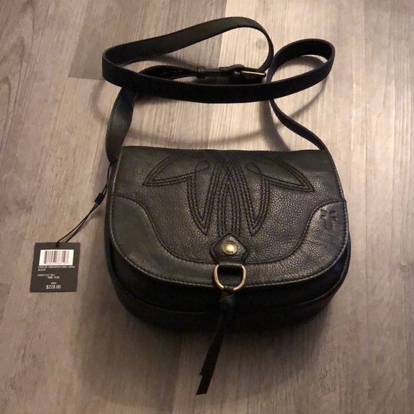 Frye Handbags - FRYE Charlene Embroidered Black Leather Small Saddle Bag Crossbody NWT